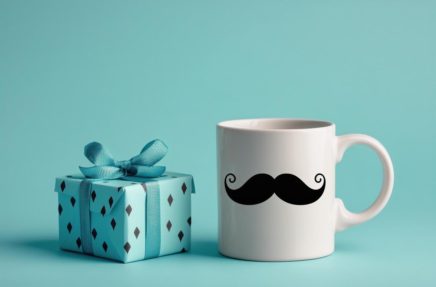 Stylish cup with a mustache design next to a wrapped gift on a blue background photo