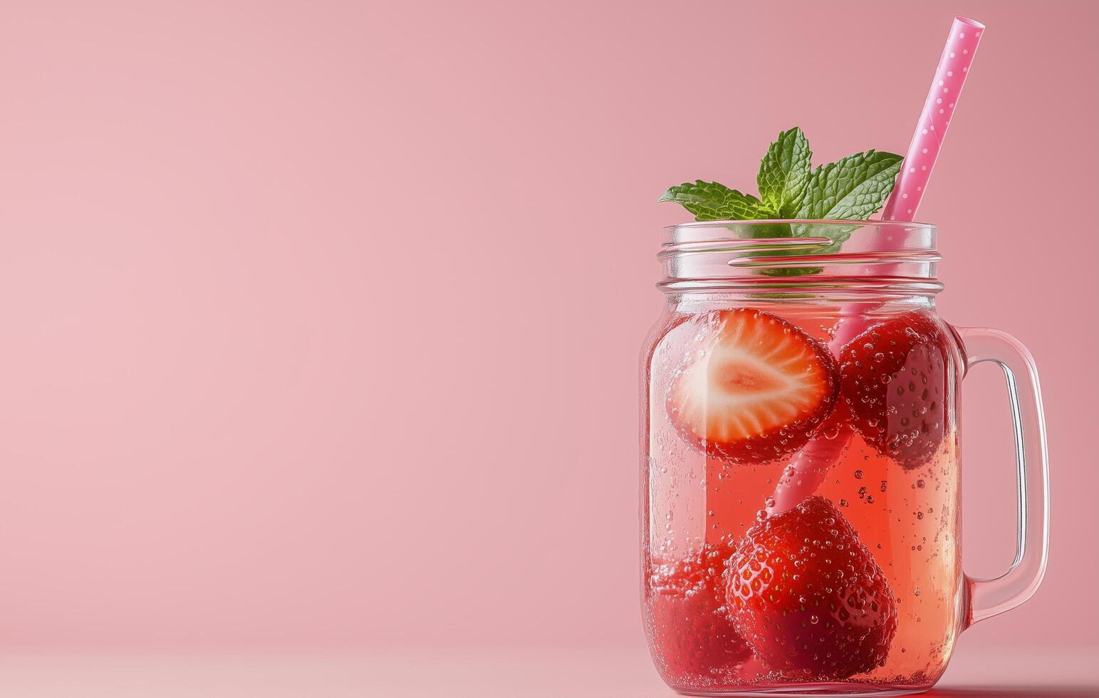 Refreshing strawberry beverage in a jar on a pink background with a hint of mint photo