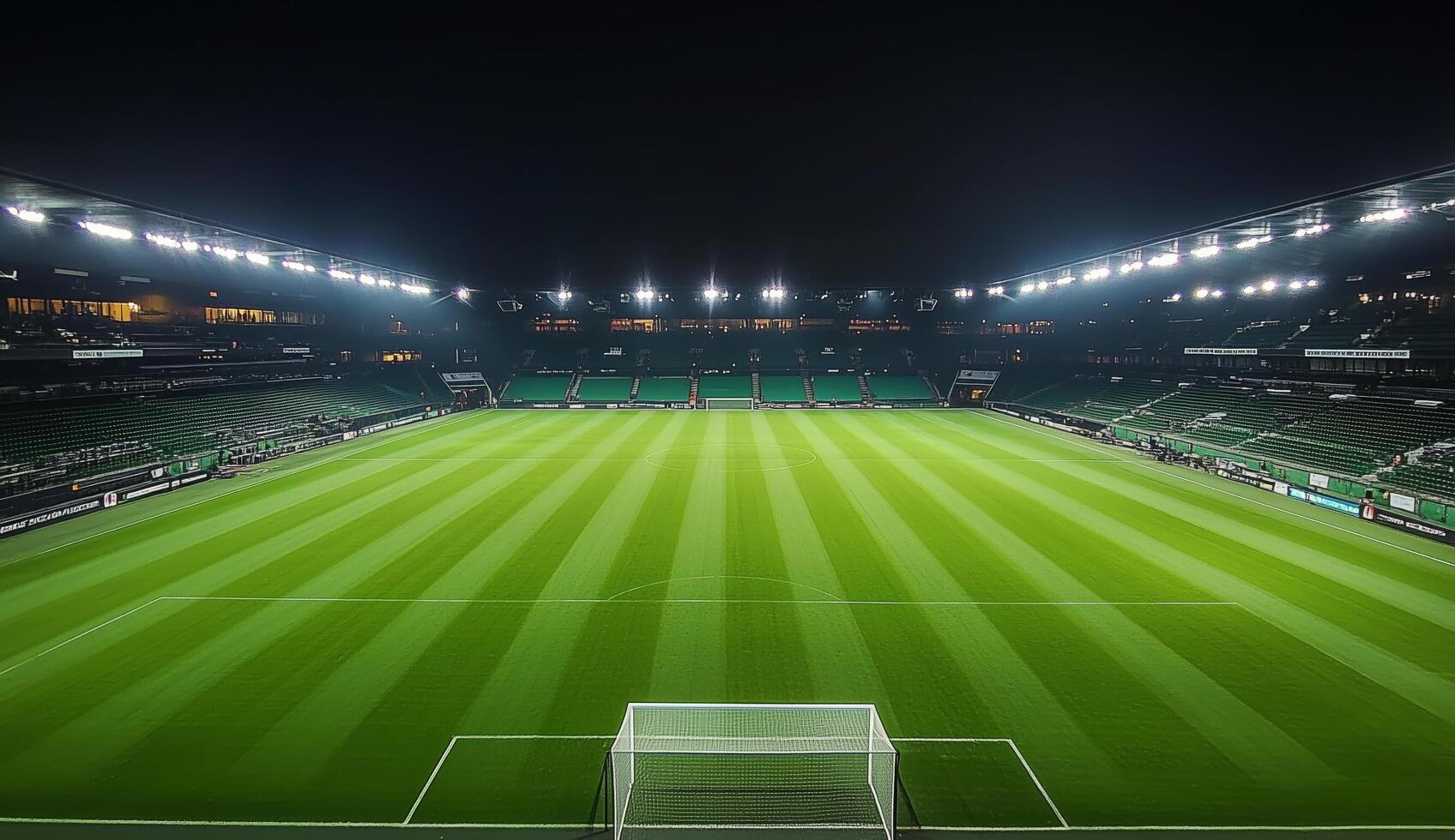 Illuminated football stadium with striped grass field at night before a match photo