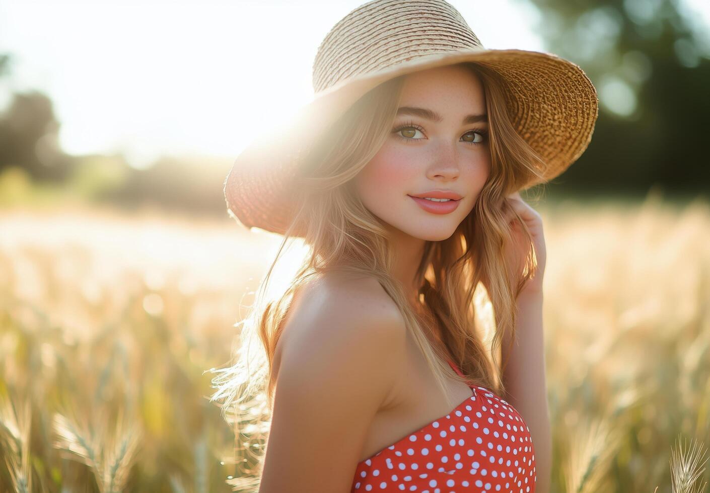 Young woman with a straw hat enjoying a sunny afternoon in a golden wheat field photo