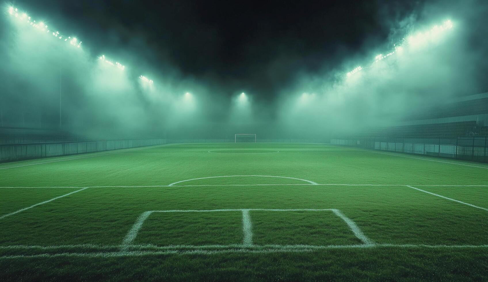 Dramatic night view of a soccer field illuminated by bright floodlights surrounded by fog photo
