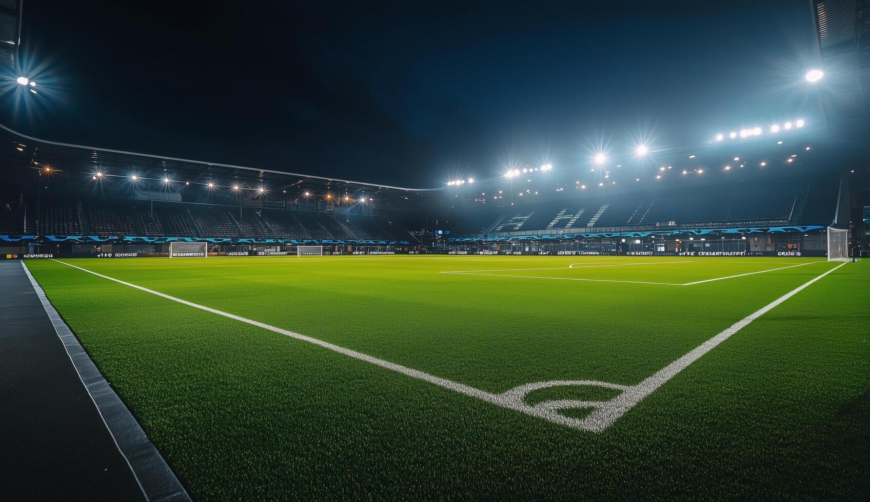 Brightly lit soccer stadium ready for night match with pristine green turf and empty stands photo
