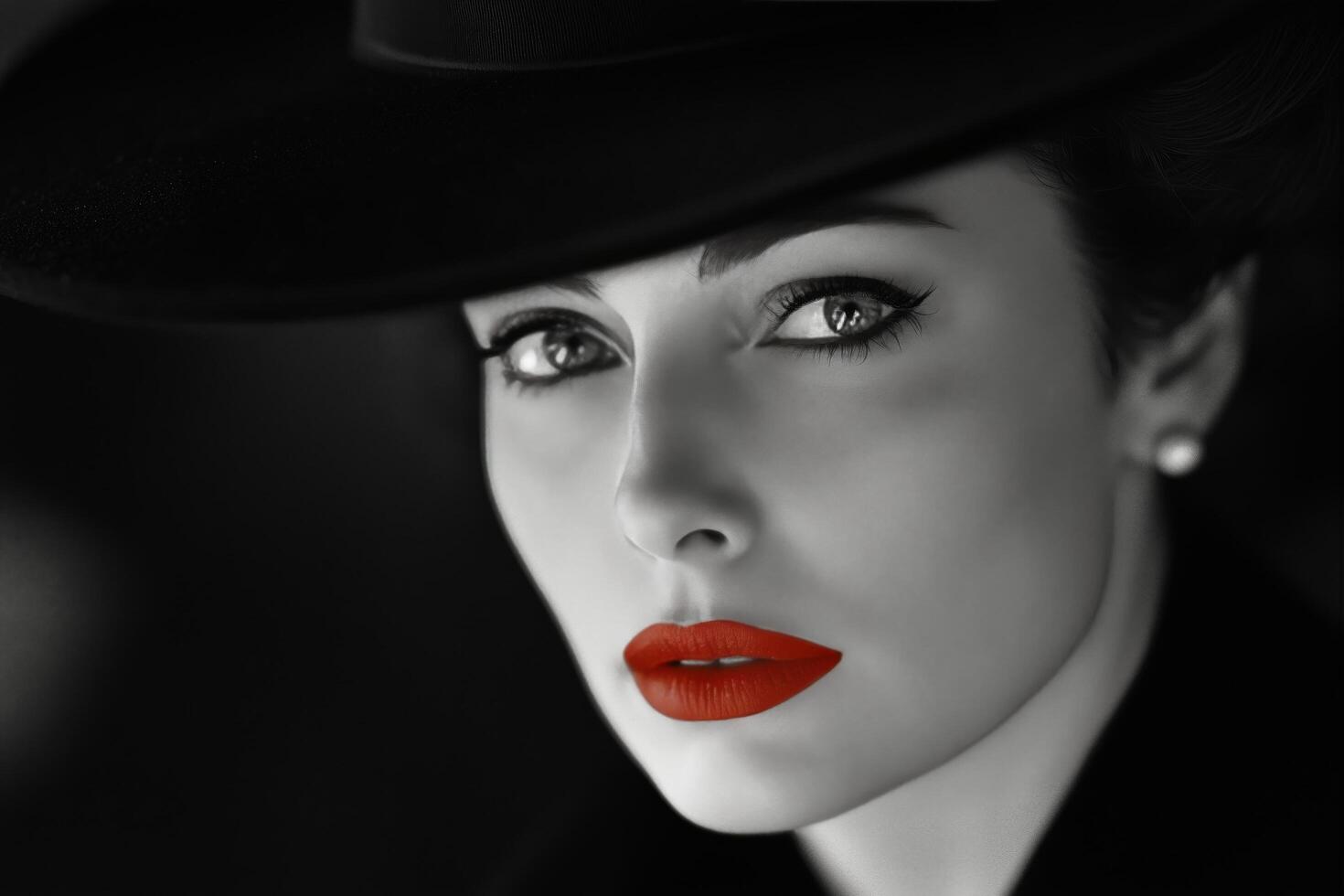 Elegant woman with striking red lips and hat in monochrome setting photo