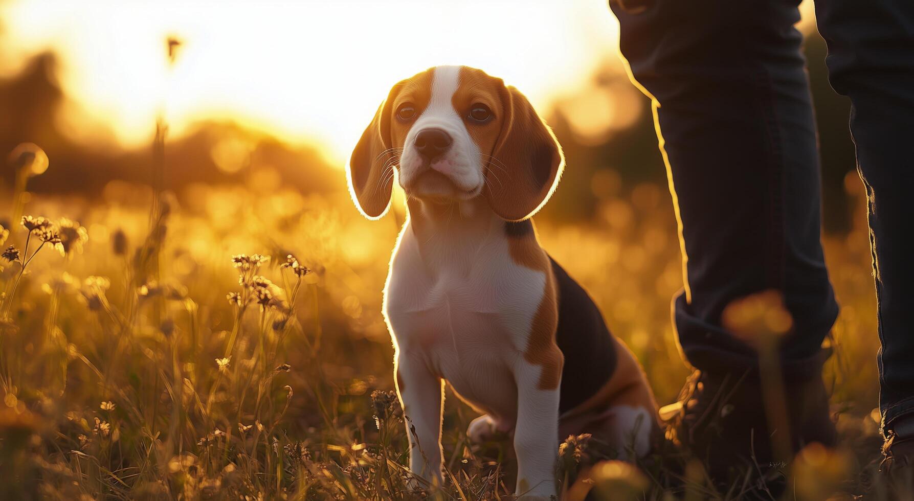 Beagle dog sits near owner during sunset in a blooming field photo
