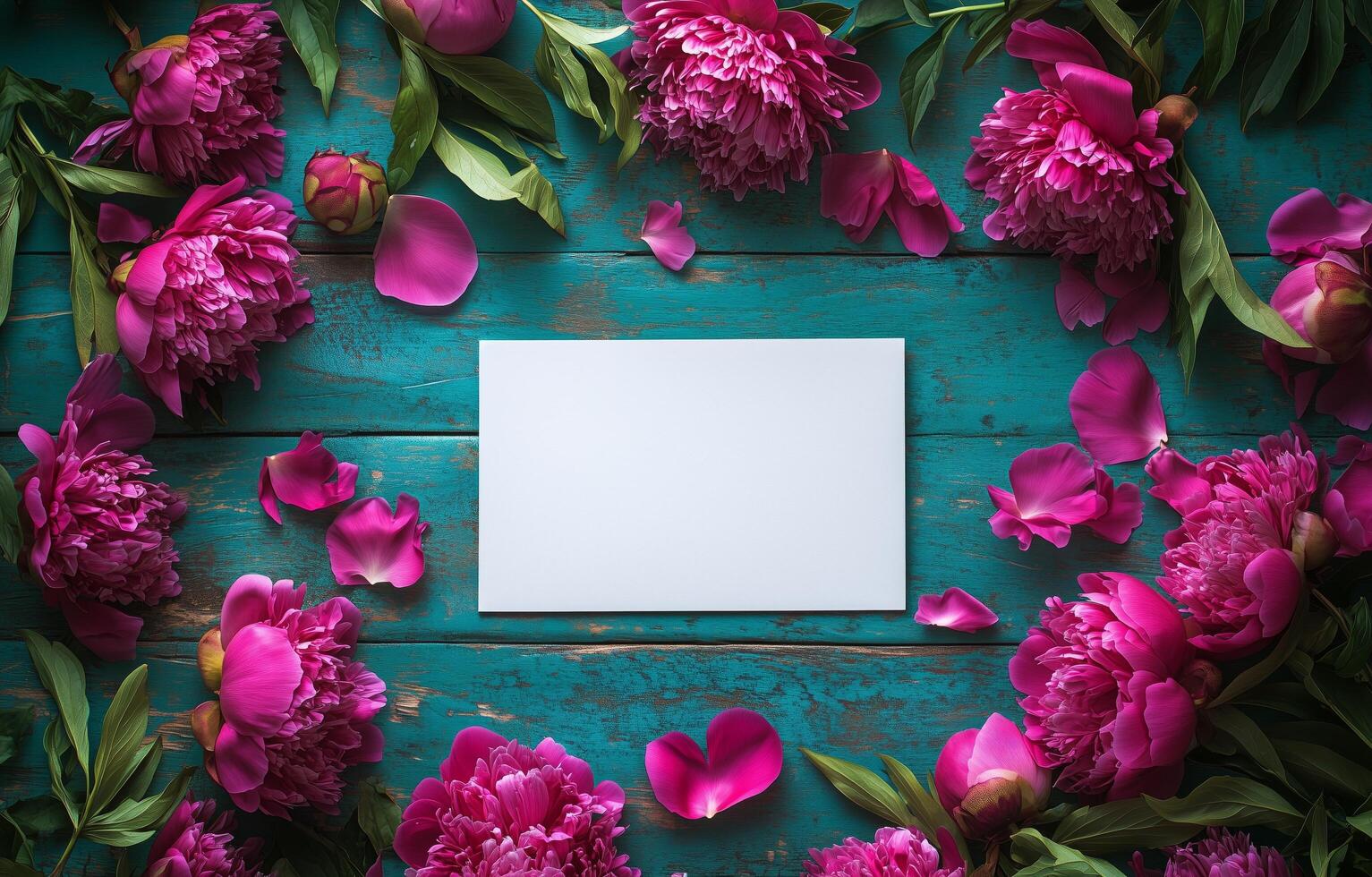 Bright peonies surround blank card on teal wooden table in floral arrangement photo