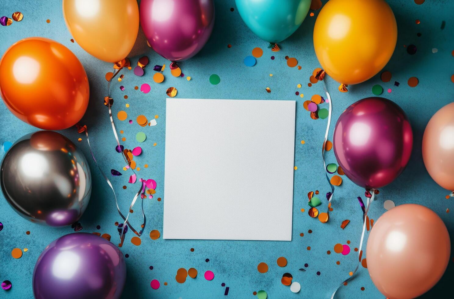 Colorful balloons and confetti surround a blank card on a blue background for celebrations photo