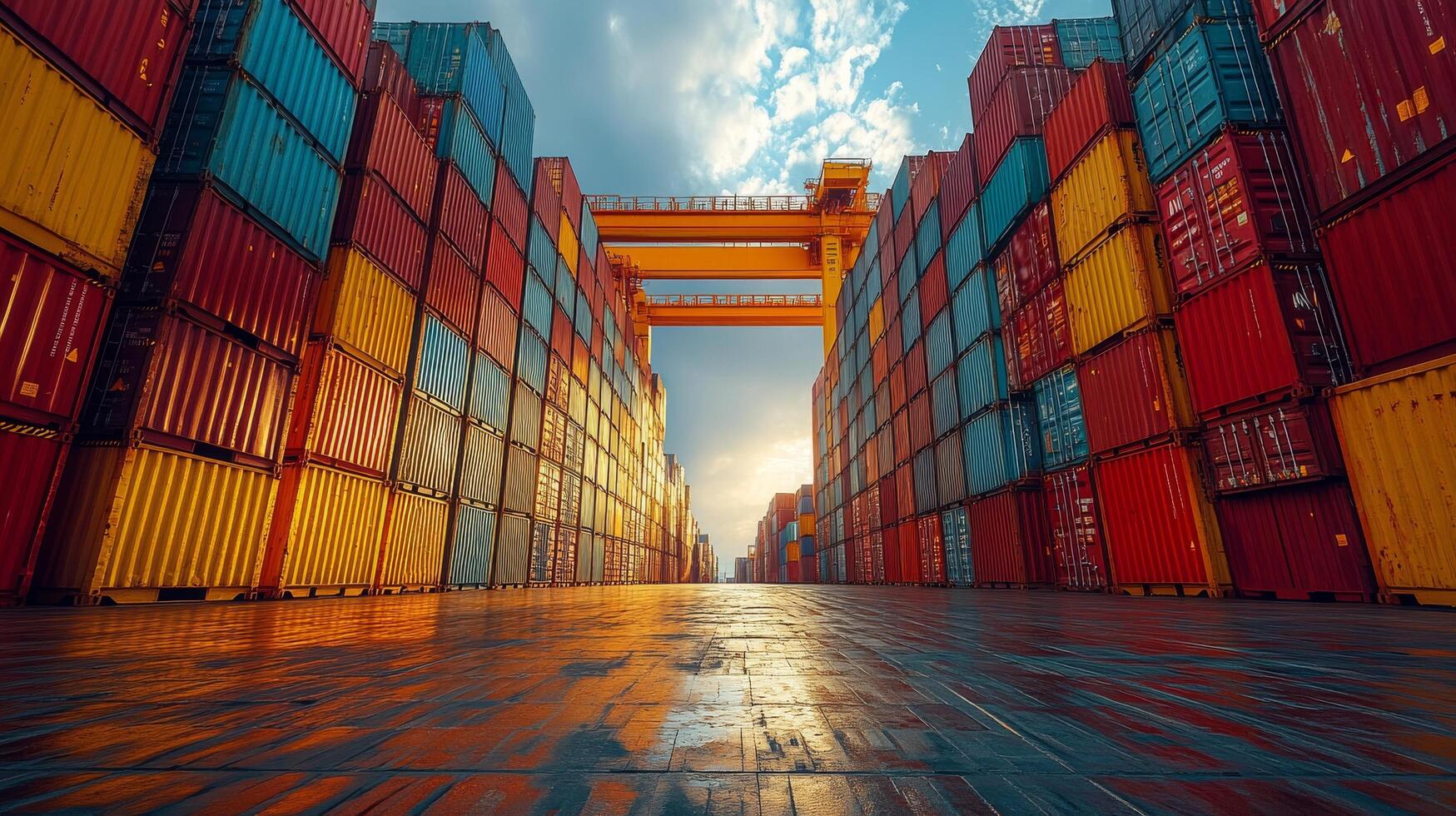 Sunset view through shipping containers at a bustling freight yard during dusk photo