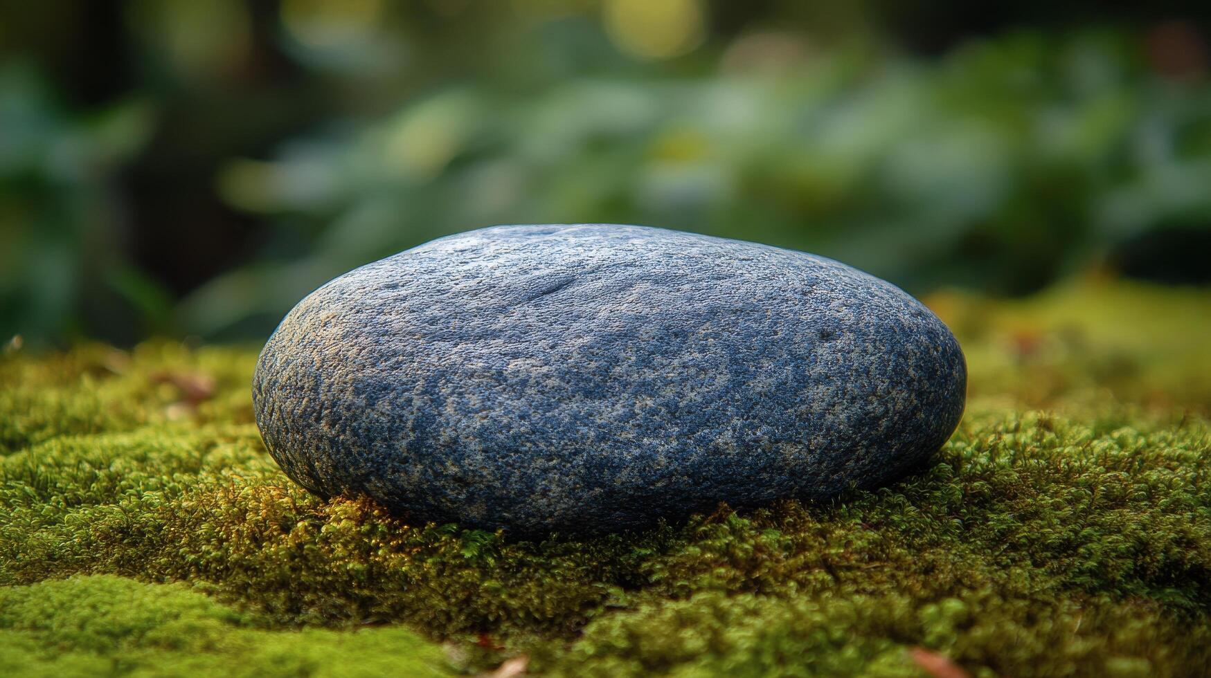 A stone is sitting on top of a green moss covered area photo