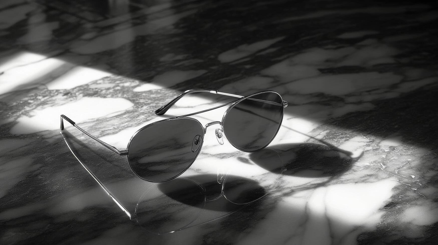 Reflective sunglasses resting on marble surface with shadows cast by sunlight photo