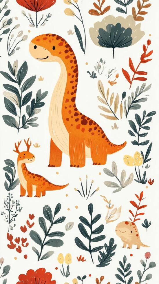 Colorful dinosaurs among vibrant flowers and foliage in a playful, artistic composition photo