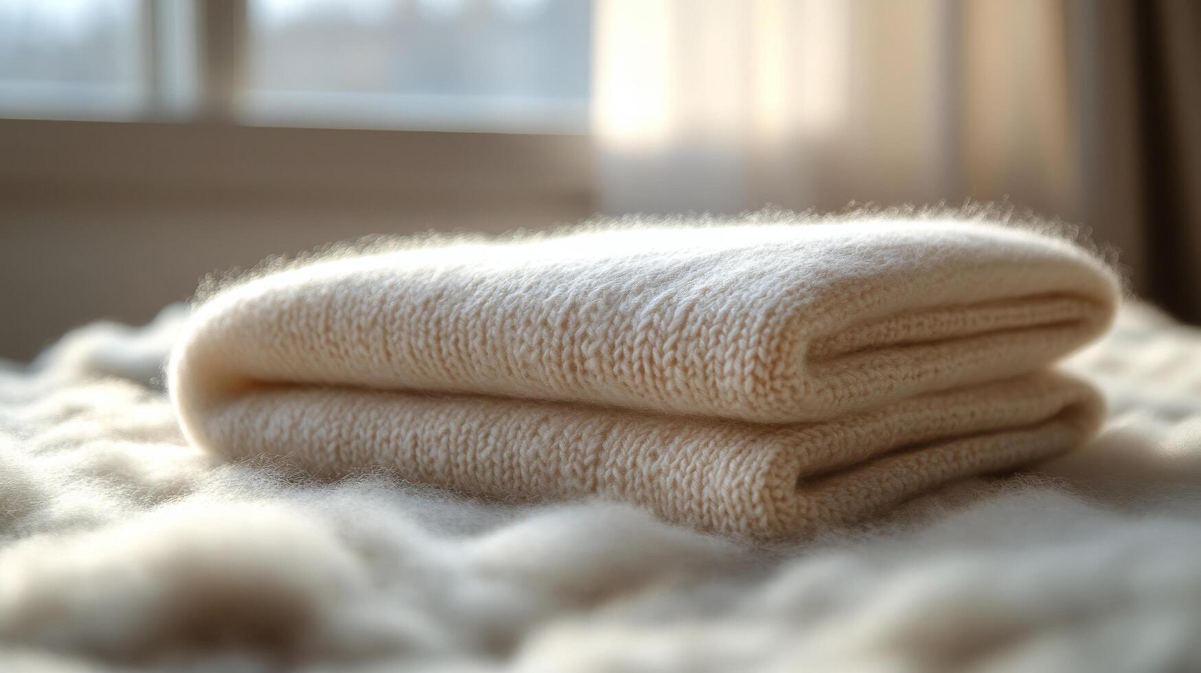 Soft cream blankets neatly folded on a bed illuminated by warm sunlight in a cozy room photo