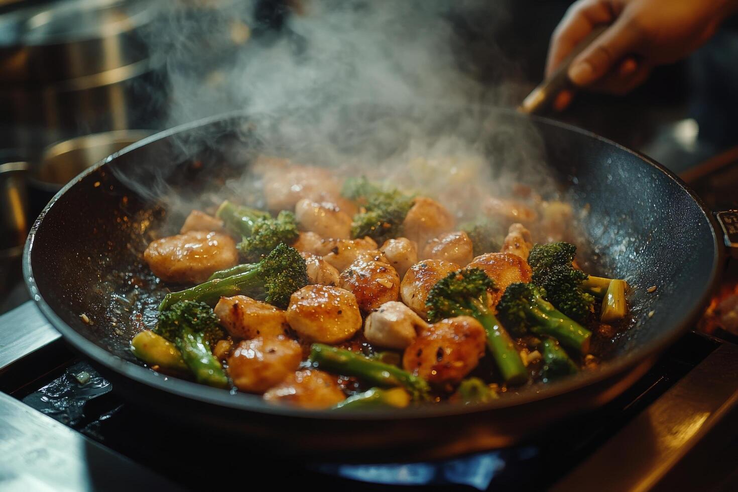 Cooking chicken stir fry with vegetables and flames in a kitchen photo