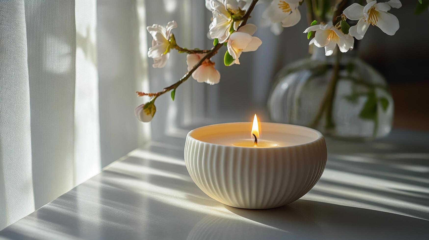 A candle is lit in front of a window photo
