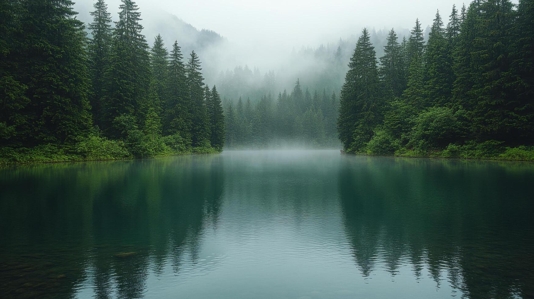Misty morning reflections on a tranquil lake surrounded by dense forested mountains. photo