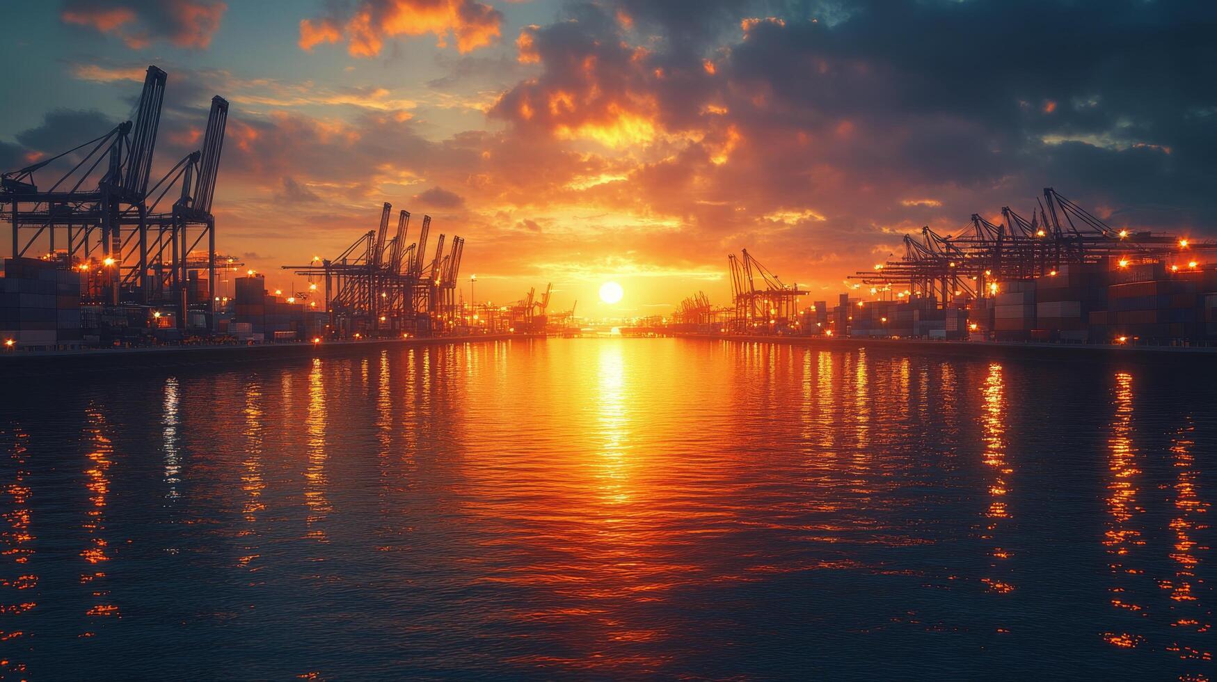 A sunset over a harbor with cranes and ships photo