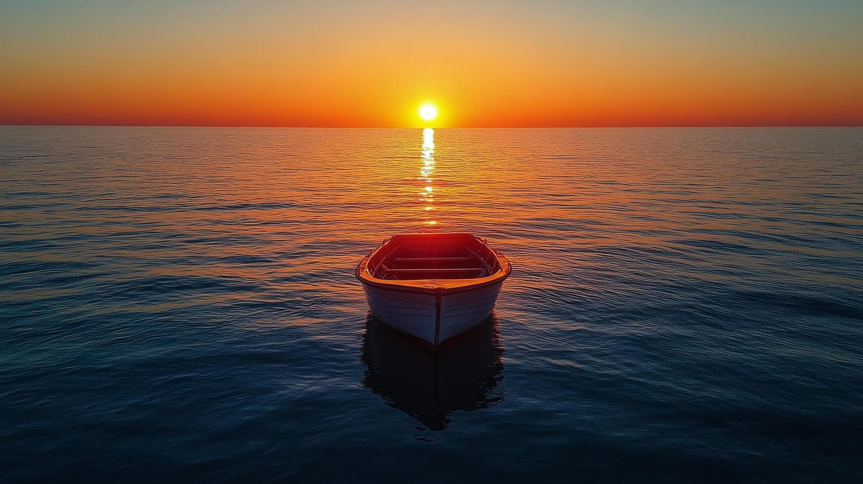A boat is floating in the ocean at sunset photo
