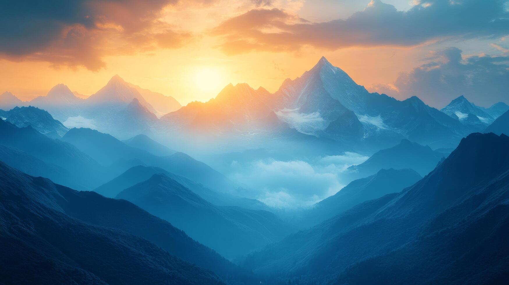 The sun is setting over the mountains in this photo