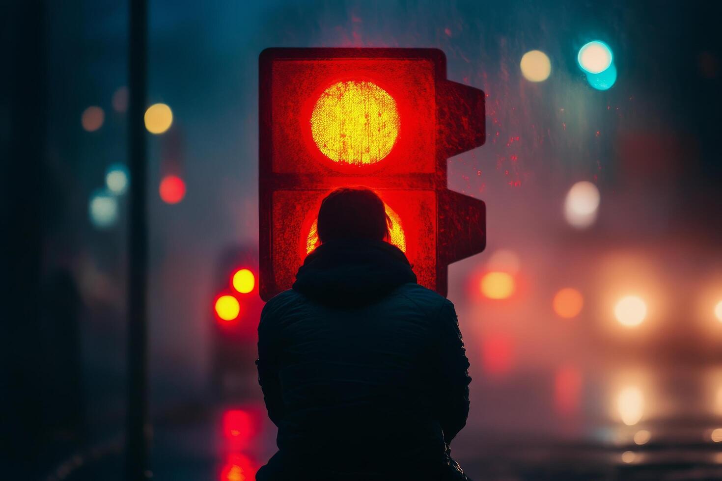 A man sitting on the side of a street with a traffic light photo