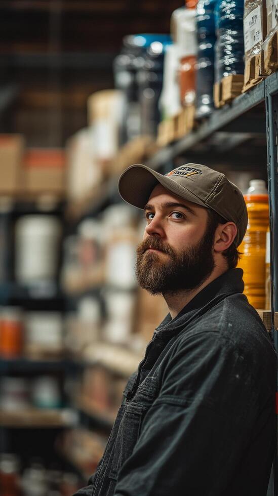 A bearded man in a warehouse with shelves full of paint photo