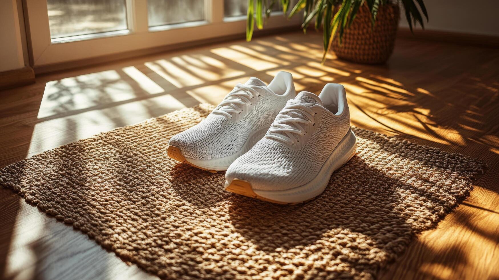 White sneakers on a mat in front of a window photo
