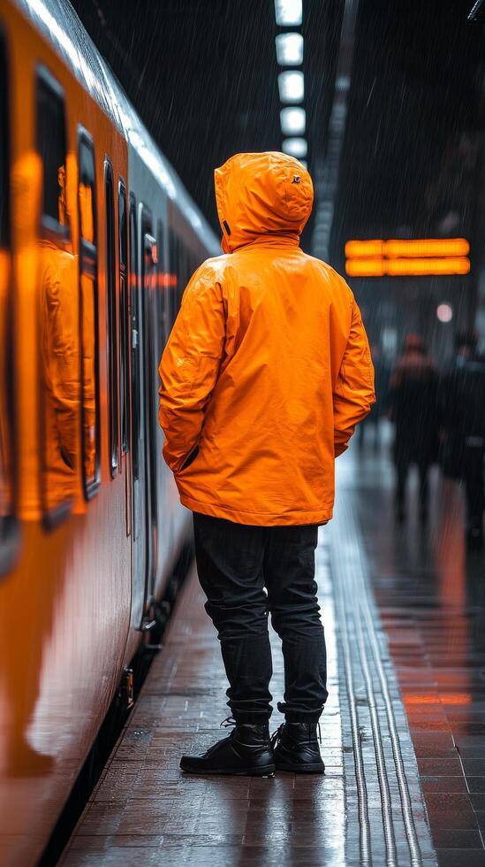 A man in an orange jacket standing in front of a train photo