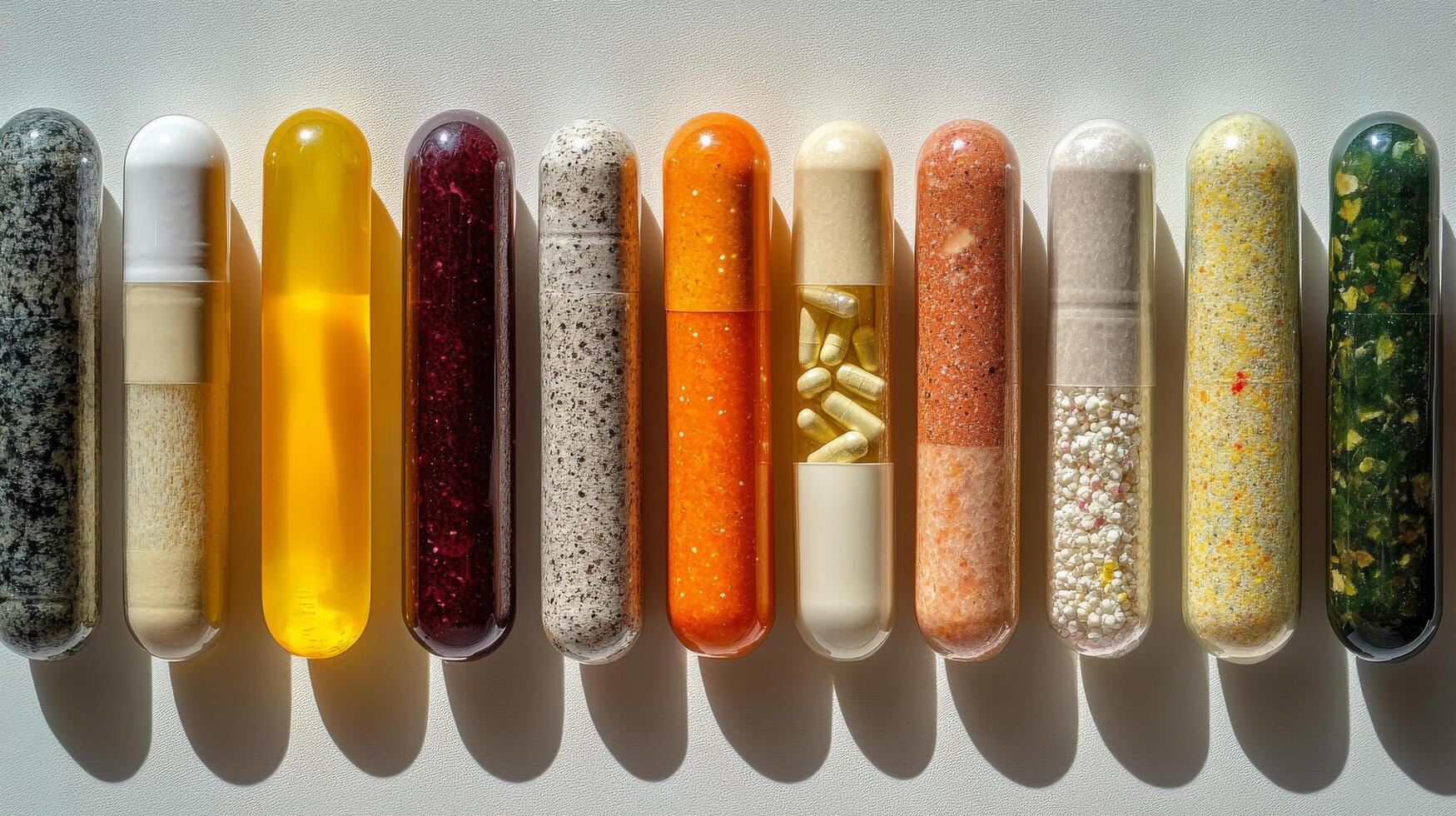 A row of colorful pills arranged in a line photo