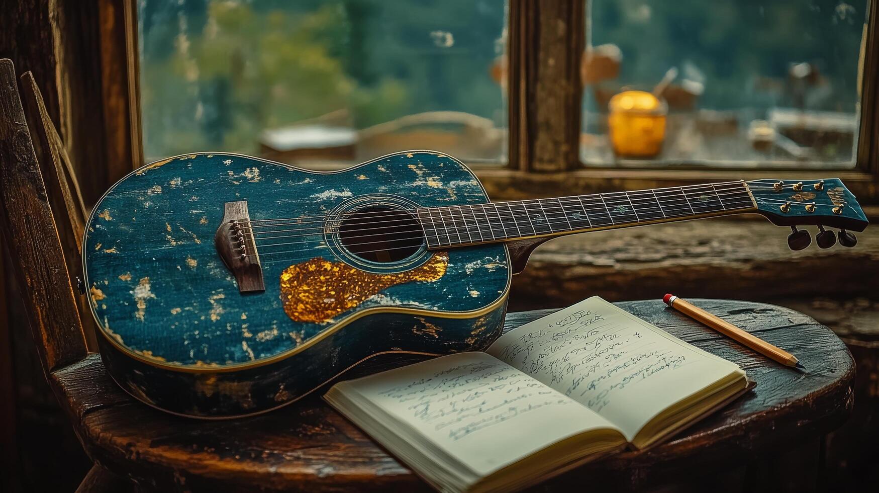 Guitar, notebook, book, window, music, acoustic, music, acoustic guitar, photo