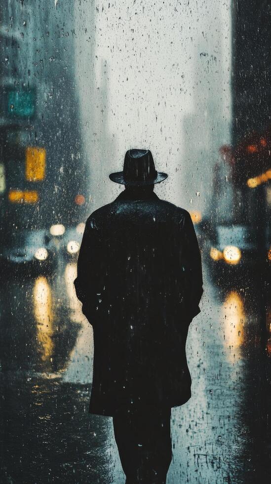 A man in a hat and coat walking down a street in the rain photo