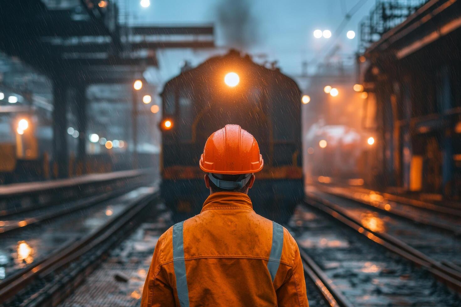A man in an orange hard hat standing in front of a train photo