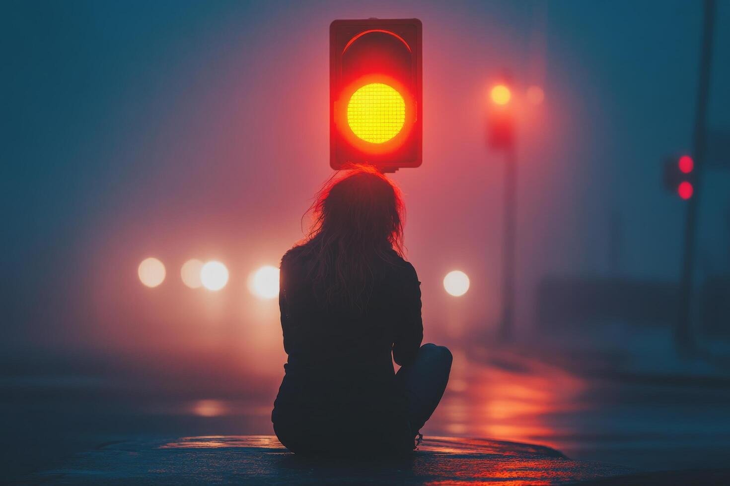 A woman sitting on the ground holding a traffic light photo