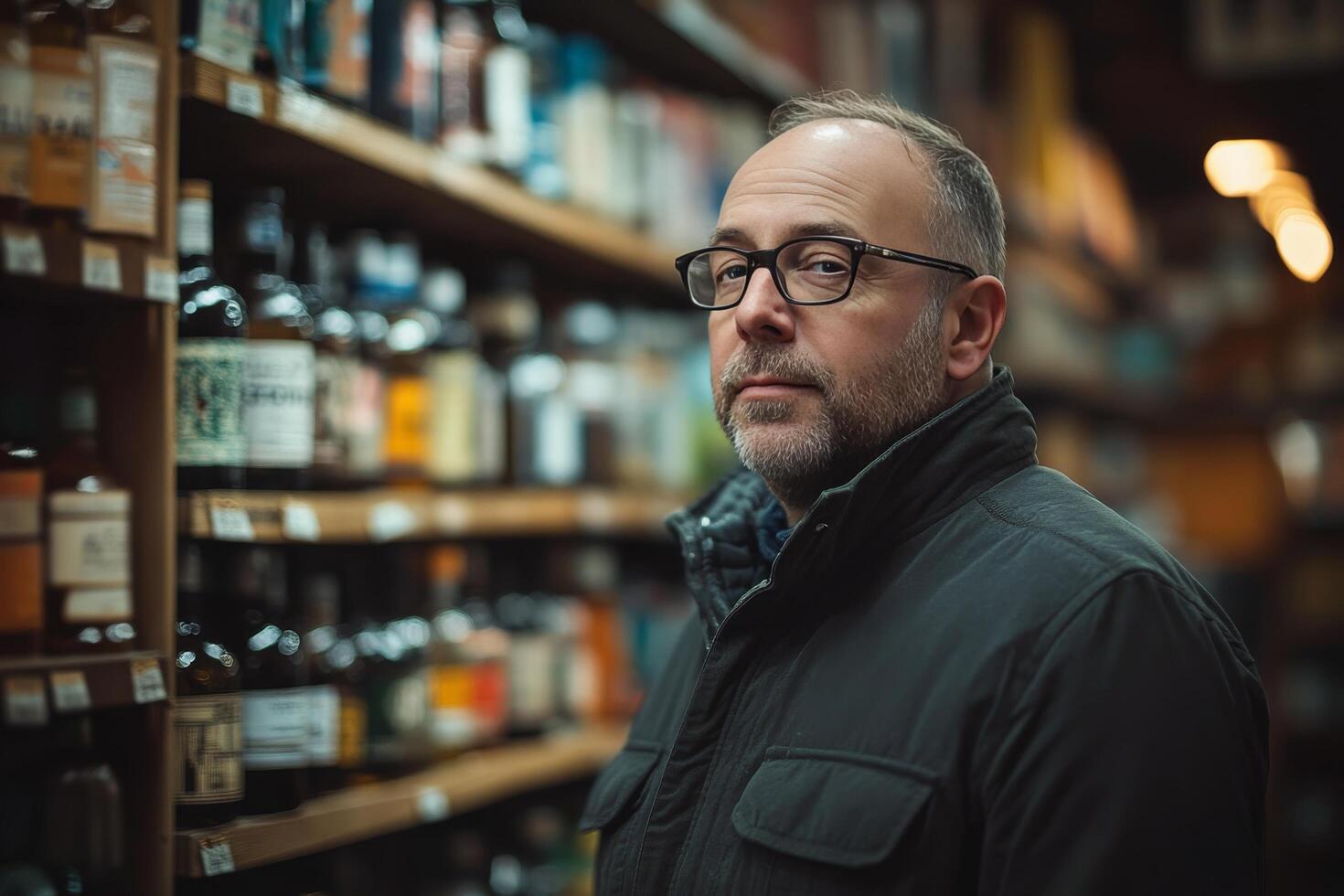 A man in glasses standing in front of shelves of liquor photo