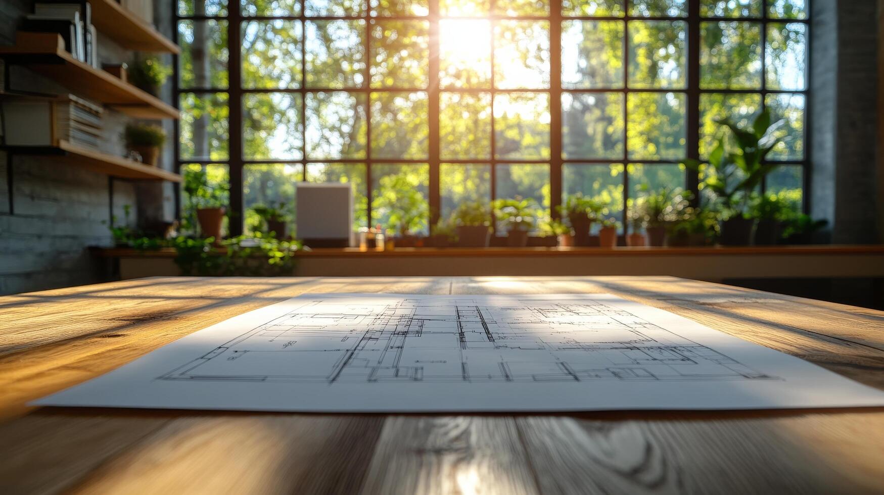 Architectural blueprint on table in front of window photo