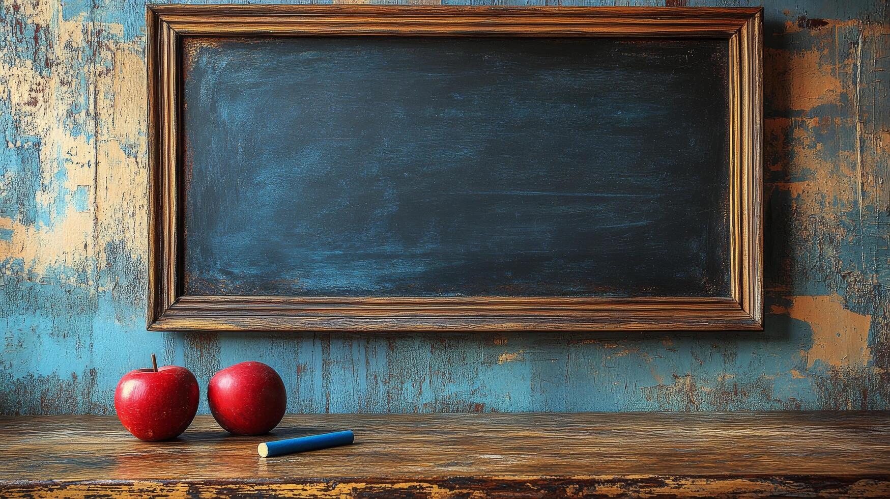 Two apples sit on a wooden table next to a chalkboard photo