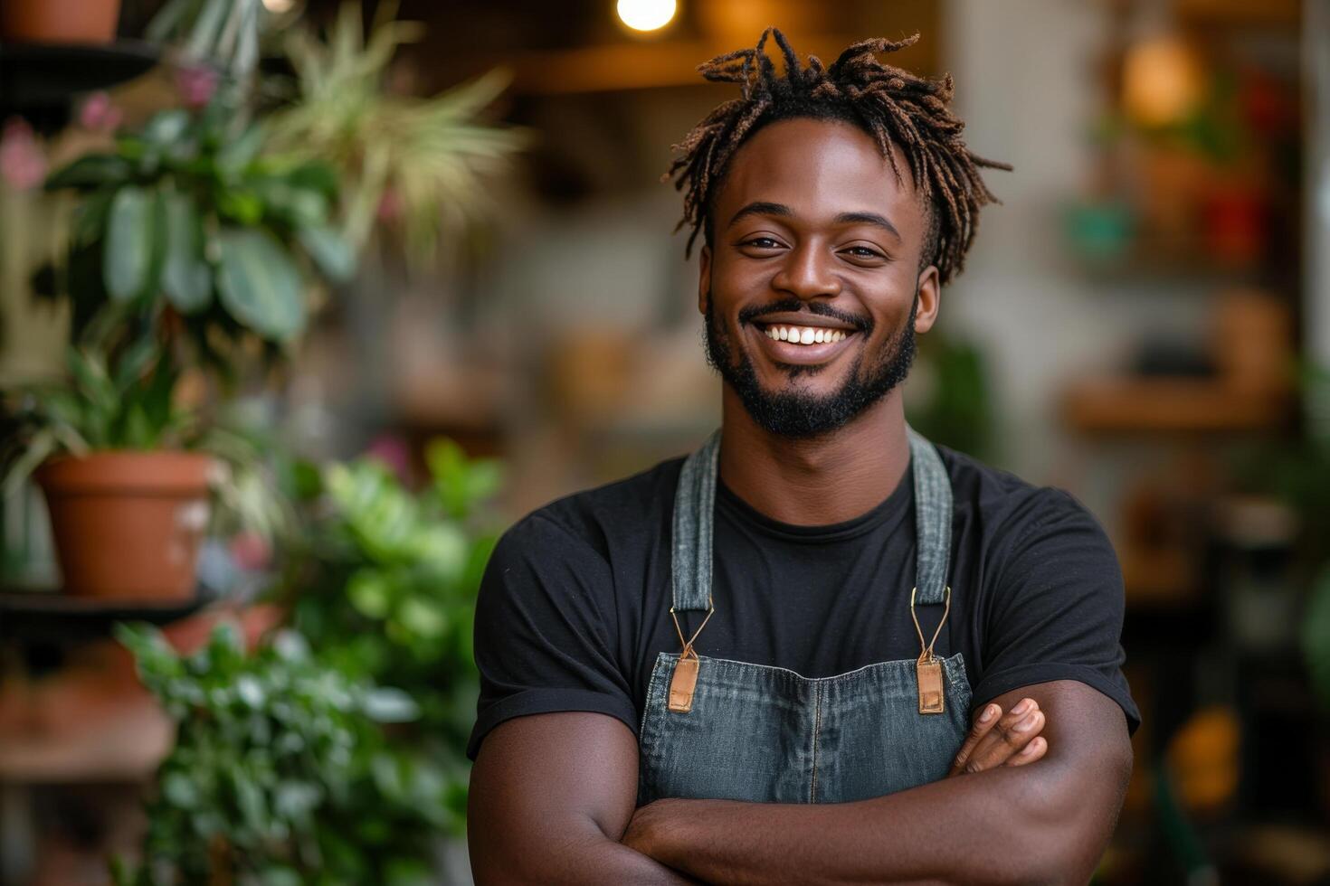 A smiling black man in an apron standing in front of plants photo