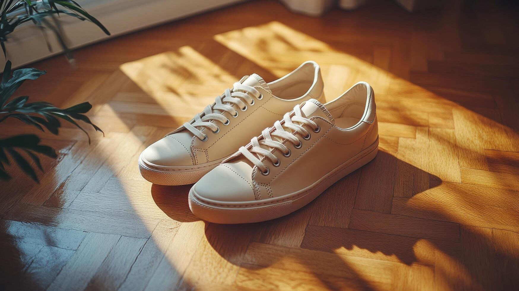 A pair of white sneakers on a wooden floor photo