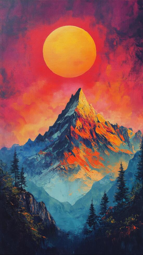 A painting of a mountain with a sun in the sky photo
