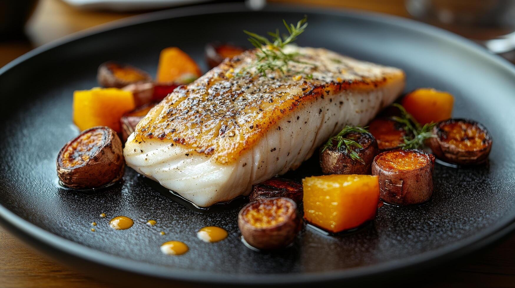 A fish fillet with vegetables on a black plate photo