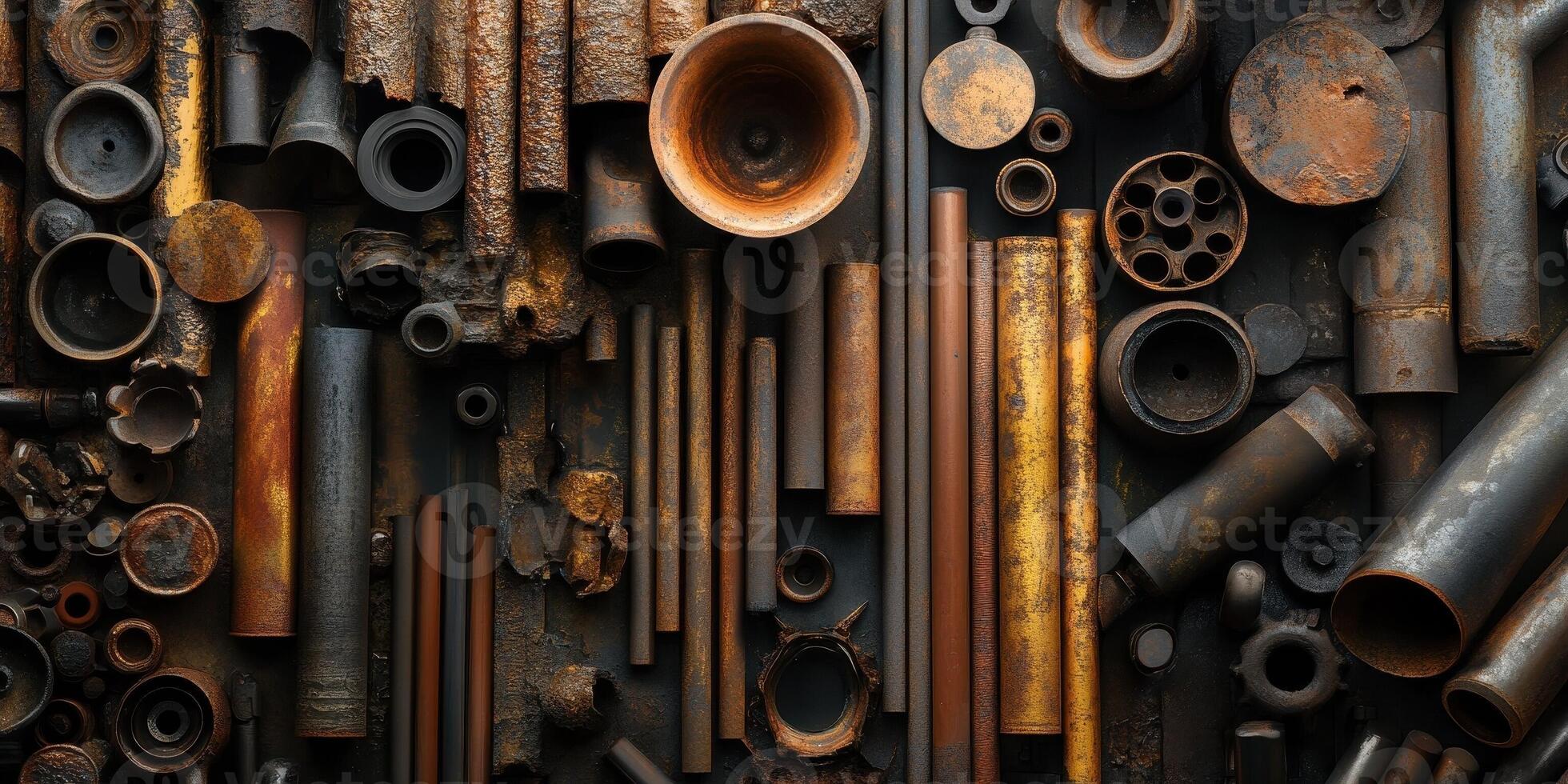 Assorted rusted metal tubes and various industrial objects are displayed photo