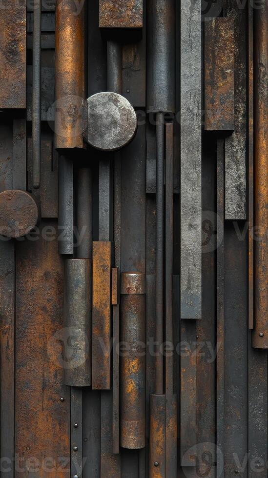Abstract geometric composition of weathered metal bars and cylinders photo