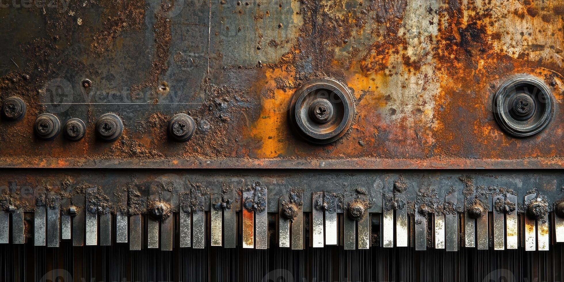 Heavily rusted aged mechanism with metallic keys and components photo