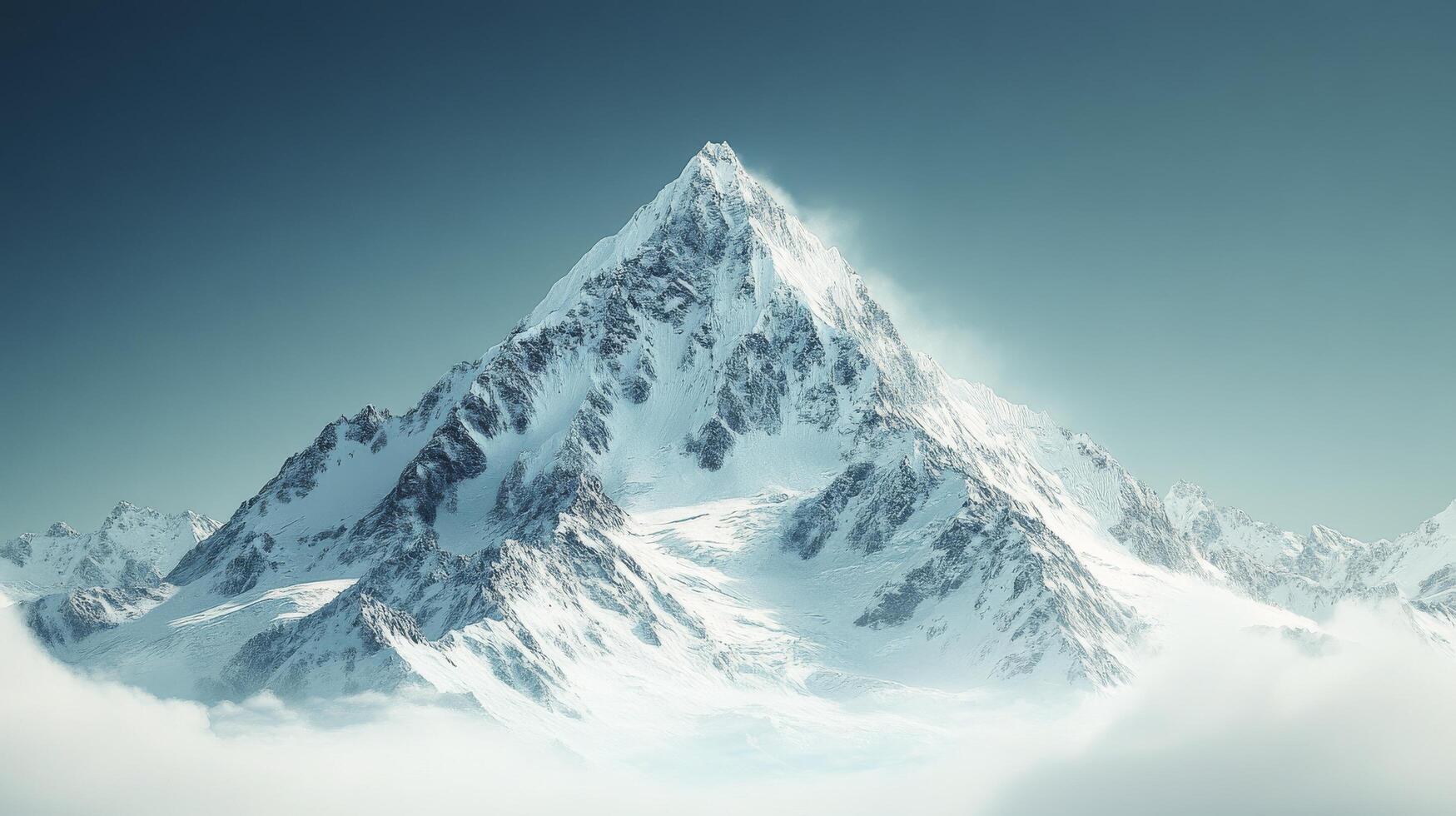 A mountain is shown in the clouds with snow on top photo