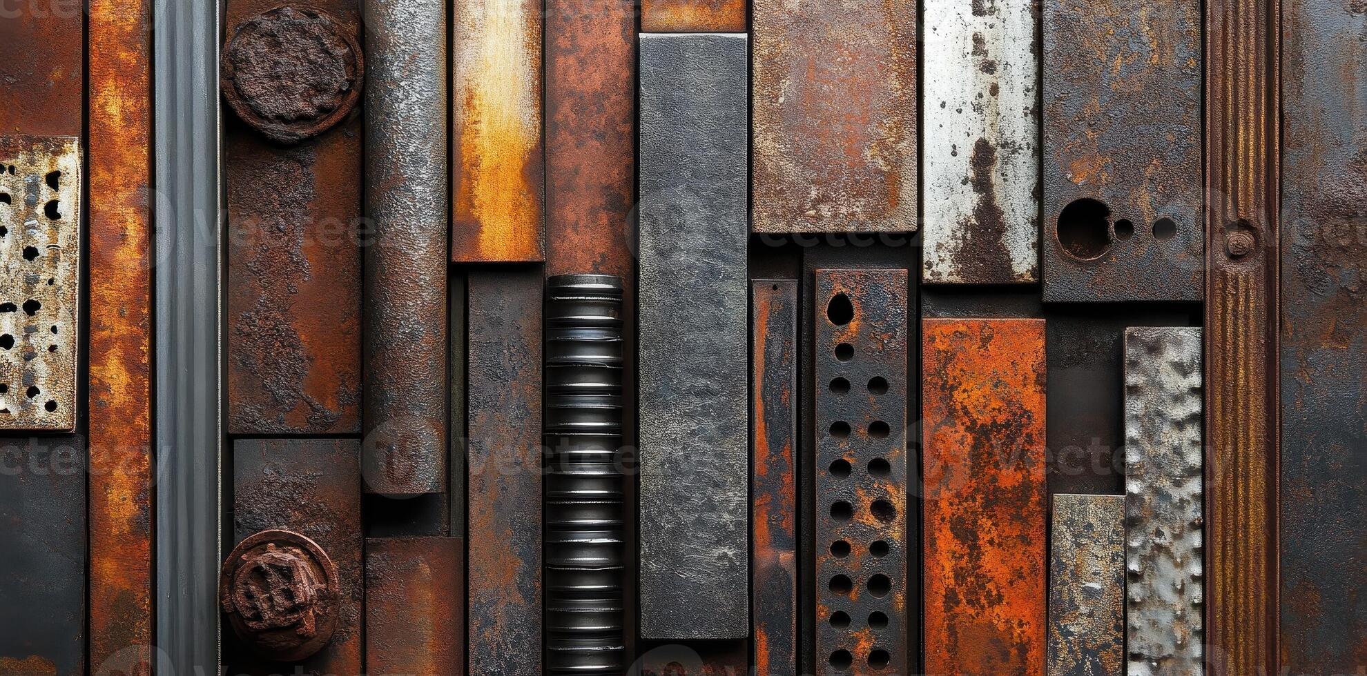 Various types of rusted metal pieces arranged in a pattern photo