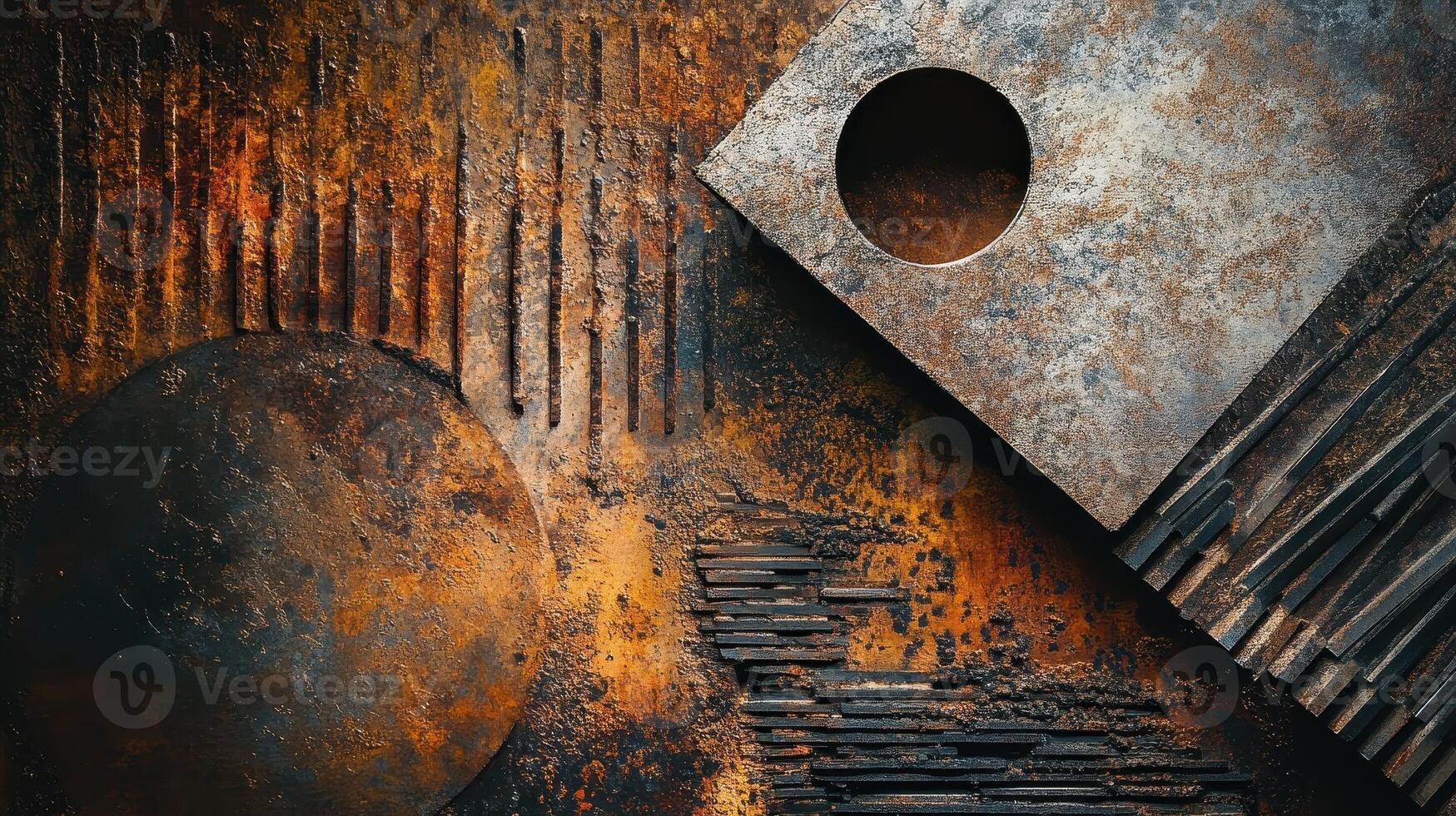 Abstract geometric composition with rusted textures and metallic elements photo