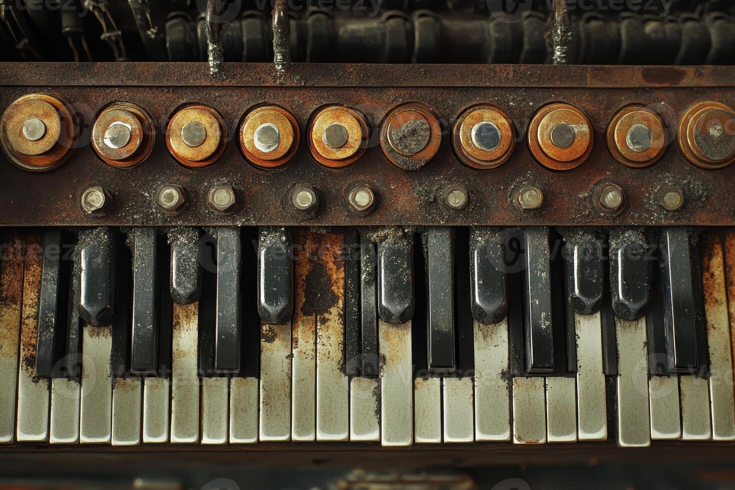 Decayed piano keyboard with rusted metal accents is shown photo