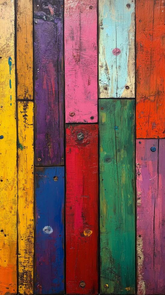 A colorful painted wall with many different colored boards photo