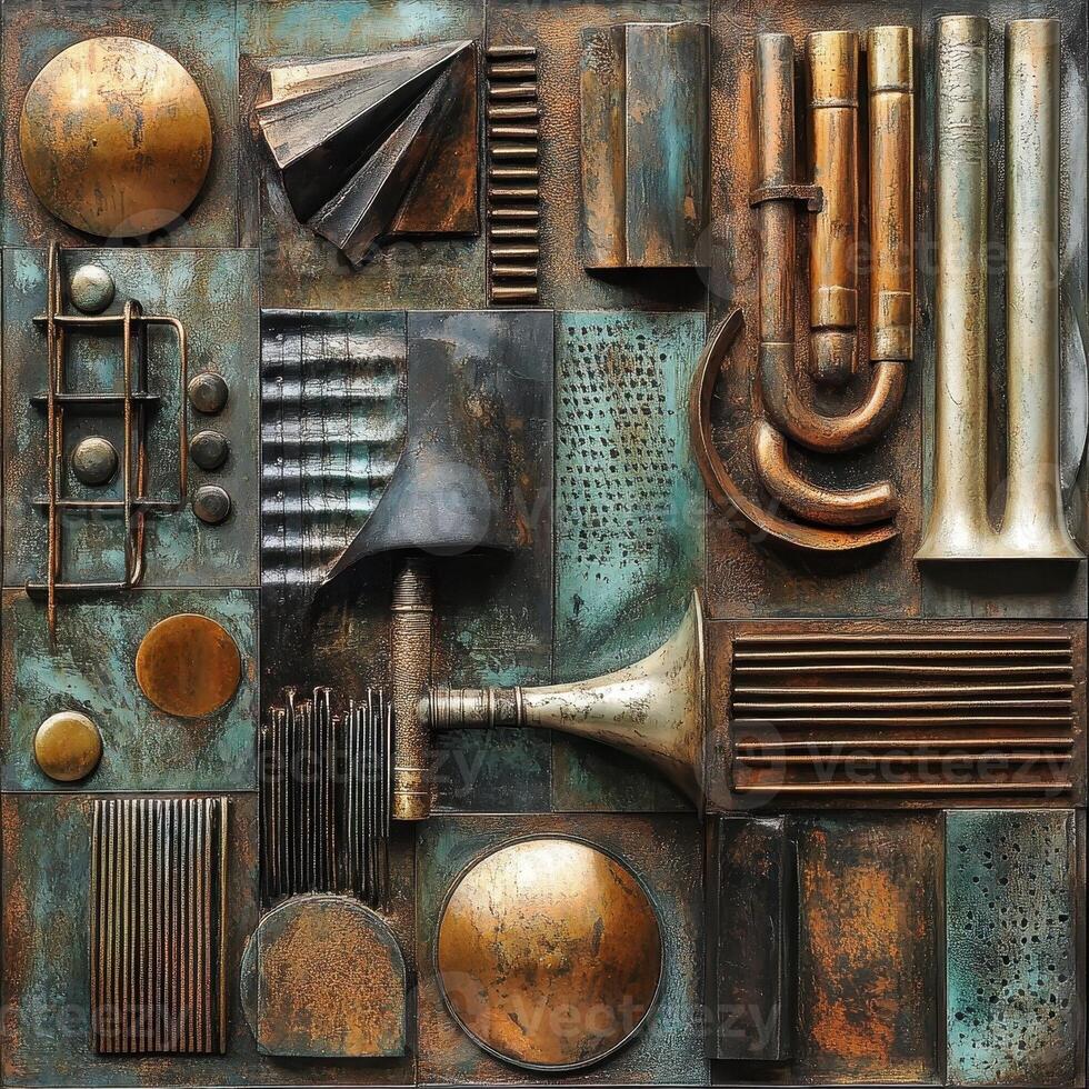 Abstract sculptural assemblage featuring metal components and musical instruments photo