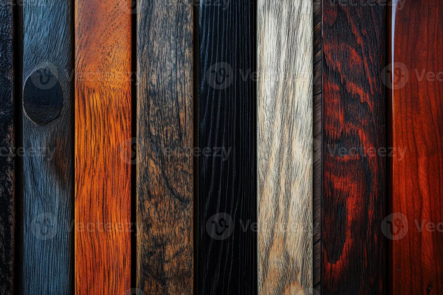 Variety of stained and varnished wood planks arranged vertically photo