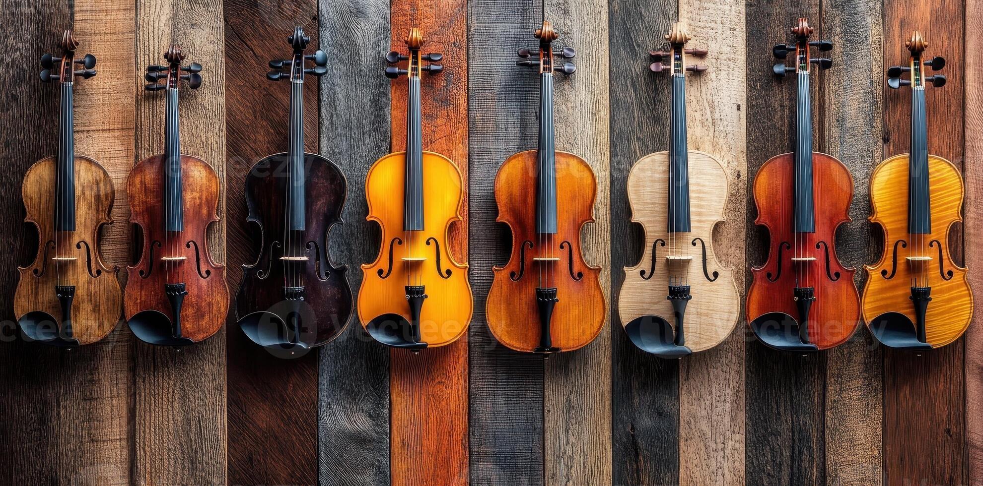 An array of violins displayed against a rustic wooden background photo