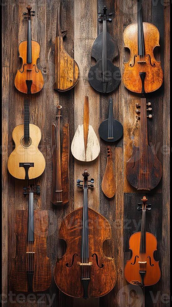 An array of stringed musical instruments displayed on wood photo