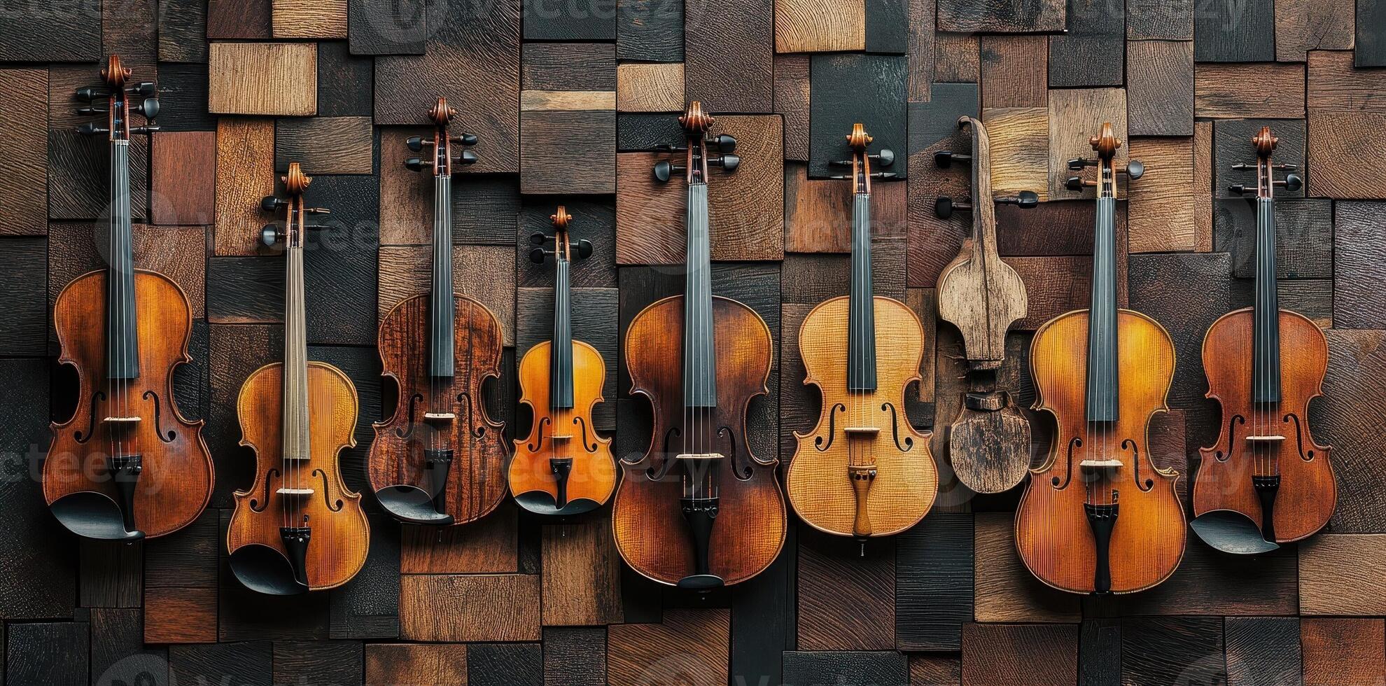 Collection of violins and a stringed instrument on display photo